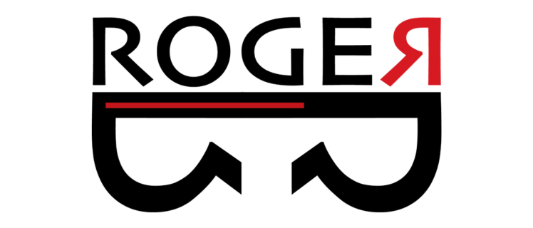 Stylized logo with the word "ROGER" in bold, modern font. The letter "R" is highlighted in red, while the rest are black. Below, two abstract shapes resembling an upside-down pair of glasses, with a red line running horizontally above them.