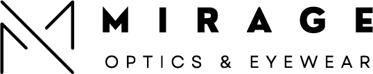 Logo for Mirage Optics & Eyewear featuring a stylized "M" on the left, with the brand name in bold capital letters to the right, and the words "Optics & Eyewear" below in smaller font.