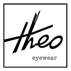 Logo of Theo Eyewear featuring the word "theo" in stylized, lowercase script with a line extending from the 'h' and 'e', enclosed in a square border. Below the script is the word "eyewear" in small, uppercase letters.