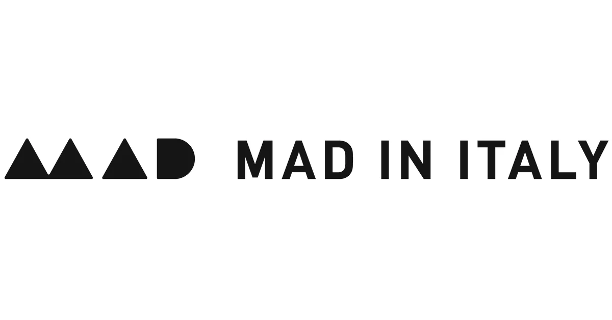 Logo design featuring the text "MAD IN ITALY." The word "MAD" is stylized with geometric shapes, including triangles and a half-circle, all in black on a white background.